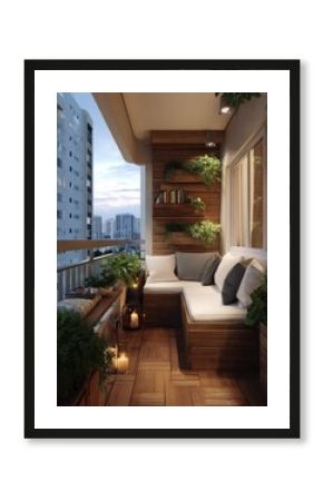 Urban balcony, cozy seating, plants