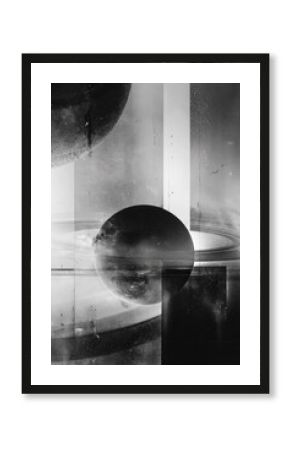 Monochrome cosmic planets, rings, and nebula  futuristic, abstract art  space exploration  website header