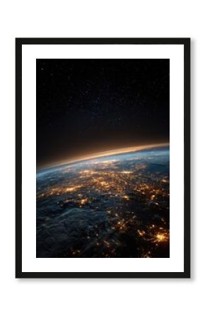 Night Earth, city lights, space view, sunrise, background stars, travel poster