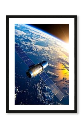 A space station with solar panels orbits the Earth as the sun rises, showcasing a breathtaking view of our planet from above.