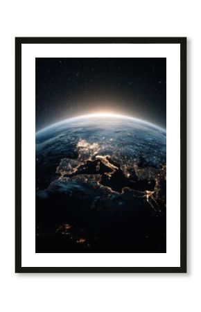 Earthrise over Europe at night  city lights  space background  planet view  global perspective