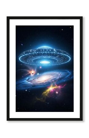 UFO hovering above a vibrant galaxy in deep space with stars and nebulae.
