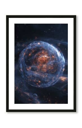 Ethereal sphere glowing orb cosmic energy blue light red sparks sci fi nebula deep space abstract art digital wallpaper. Ethereal sphere with glowing orb radiates cosmic energy, blue light and red