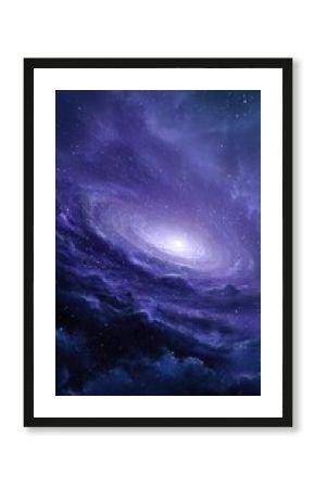 A swirling purple nebula, cosmic dust and stars, a bright core radiating light, deep space fantasy