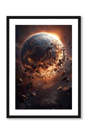 shattered planet in deep space with glowing molten core and fragments