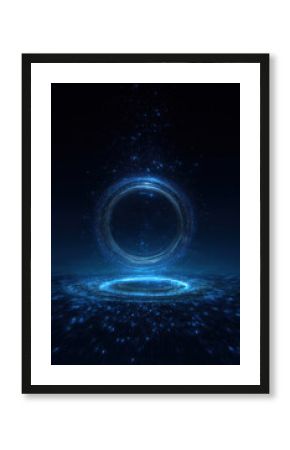 An abstract blue glowing circular portal in a dark space with scattered particles, representing a cosmic and futuristic scene.