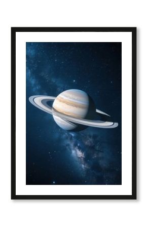 Saturn with its iconic rings set against a starry cosmic backdrop