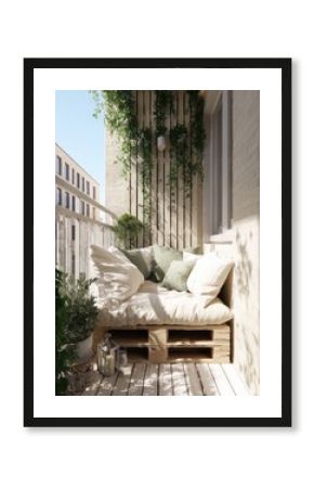 A sun-drenched balcony retreat boasts a comfortable pallet sofa, lush greenery, and warm, neutral tones.
