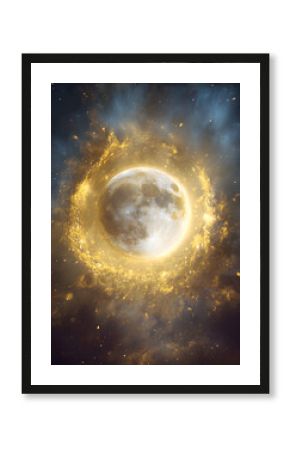 Celestial event glowing moon surrounded by cosmic light digital art outer space abstract view