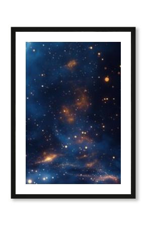 Abstract cosmic scene with glowing golden particles scattered over a deep blue nebulous background, evoking a sense of mystery and vast space