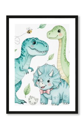 Watercolor illustration of three cute dinosaurs, a bee, and leaves on white background Free space for text or design elements Ideal for kids' room decor or children's book
