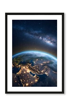 Planet Earth From Space At Night Showing Middle East City Lights And Starry Milky Way Galaxy