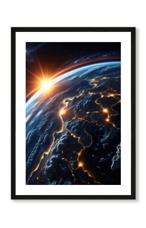 Earth's dawn Vibrant sun bathes the globe, illuminating cities from space