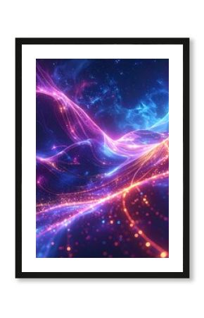 A vibrant cosmic scene featuring flowing streaks of neon lights across a dark blue/purple space with twinkling stars