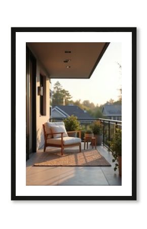 Stylish balcony with chair at sunset. Minimalist design outdoor terrace with chair near house. Cozy interior at dusk with chair, nature view. Balcony design ideas with plants in pots for modern homes.