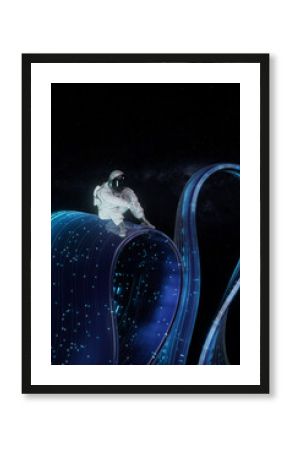3D astronaut over glowing loop in deep space