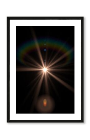 A bright spike ball light source creating a starbust effect with colorful bokeh lights, rainbow iris and hoop effects. Abstract background. Copy space, space for text. Vertical