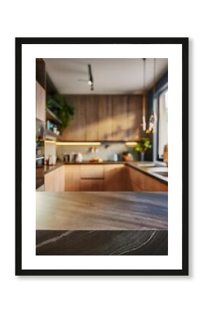 Stylish marble tabletop on wooden platform with copyspace for your logo at blurry kitchen utensils and dishes on light wall background. 3D rendering, mock up