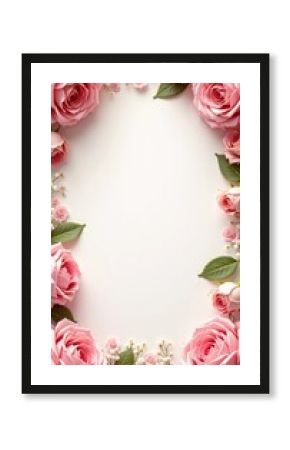 Delicate pink roses surround a blank space, perfect for writing personal messages. This lovely floral arrangement adds elegance to any occasion. Background for birthday, mother day, valentine day. AI