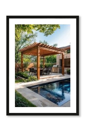 Chic outdoor living space with a dining set under a wooden pergola by a pool.