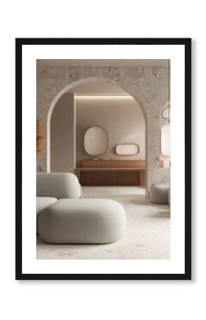 A modern minimalist space featuring soft, rounded furniture pieces, an archway leading to a secondary room, and neutral tones creating a soothing atmosphere.