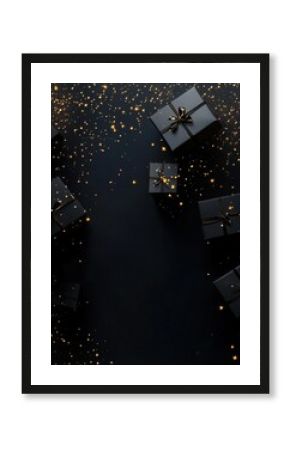 Black gift boxes with glowing golden stars around, floating on a dark background, empty space at the bottom