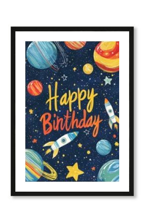 Whimsical Outer Space-Themed Happy Birthday Card for Celebrations and Greetings