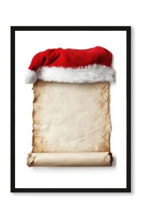 Christmas Scroll with Santa Hat on White Background. Retro Design of Blank Scroll Page