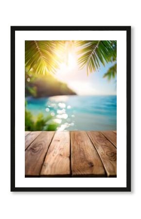 Rustic wooden table under palm leaves with a stunning tropical beach view at sunset. Generative AI