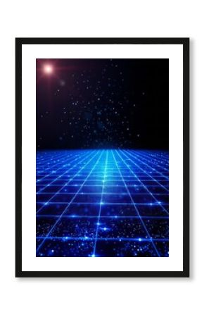 Abstract digital perspective grid with shining blue floor and sparkling particles stars and dust set against a black space background glitter dust particle Ultra realistic 