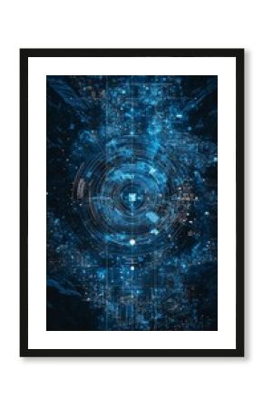 Abstract digital art with a blue and white circular design on a dark background.