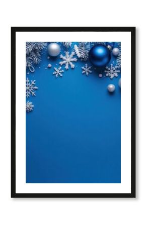 blue christmas background with snowflakes and christmas balls. Copy space backgrounds