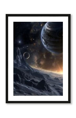 A stunning night view of an alien landscape with sharp mountains, a ringed planet, moon, and stars, evoking a sense of vastness and otherworldly beauty.