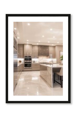 A  modern kitchen with glossy cabinets, high-tech appliances, and a large kitchen island. 