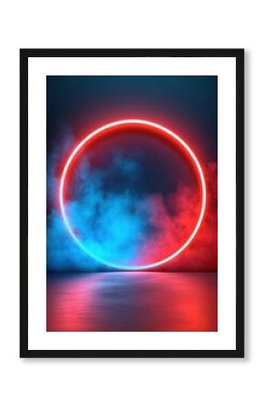 Neon circular light with blue and red smoke effects in a dark space