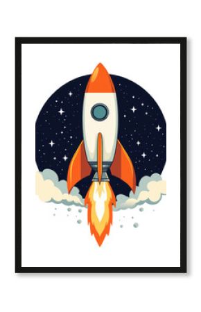 Rocket launching into space with vibrant flames and starry background isolated on transparent background