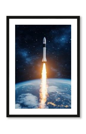 A V2 rocket launches into the atmosphere, capturing the curvature of Earth below, highlighting the vastness of space and the beauty of our planet
