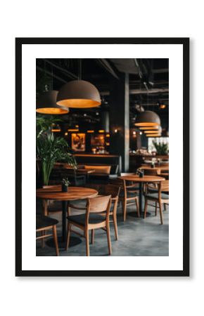 Modern café interior with wooden furniture, potted plants, oversized pendant lights, and moody lighting creating a cozy and stylish dining space