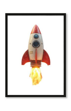 vibrant red cartoon style rocket ship with flames, ready for launch