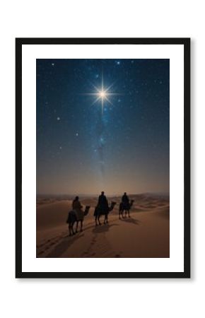 Three Wise Men on their way to meet Christ. Vertical shot with space for text