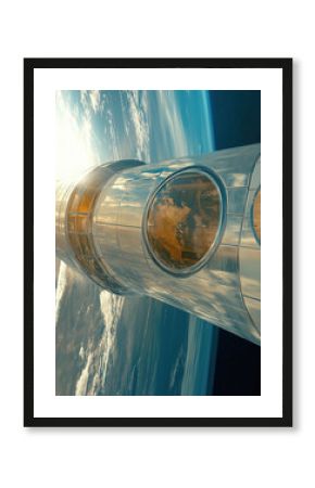 Futuristic space elevator with earth view and metallic design in outer space