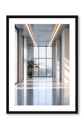 A spacious retail space with polished concrete floors, large windows, and smooth white walls, offering ample space for product displays and text placement