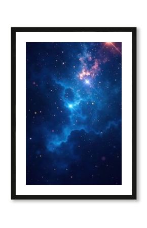 Cosmic scene with glowing stars and rays of light amidst a dark blue background with sparkling bokeh effects, galaxy, space