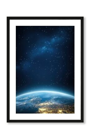 Planet Earth illuminated by city lights at night, revealing intricate details of landmasses against a dark, starry background