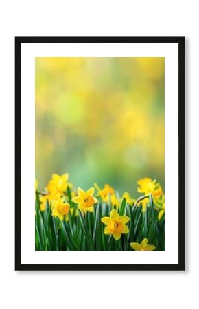 St. David's Day, bright spring background, bouquet of yellow daffodil flowers, vertical banner, bokeh effect, copy space, free space for text