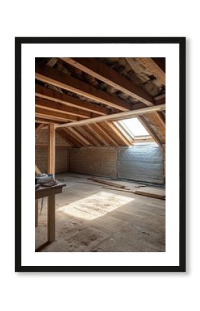 The image captures a bright and spacious attic currently under renovation, showcasing the raw beauty of exposed wooden beams flooding the space with natural light.