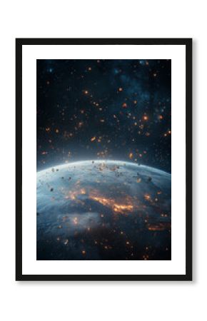 Earth Surrounded by Space Debris and Glowing Lights