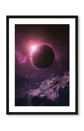 Alien planet sunrise, nebula background, space landscape, cosmic art