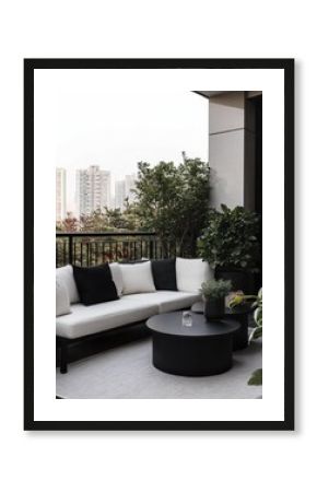 Modern balcony space with a sofa and apartment buildings