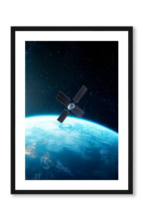 A satellite orbits the Earth, showcasing a stunning view of the planet against a backdrop of stars and space.